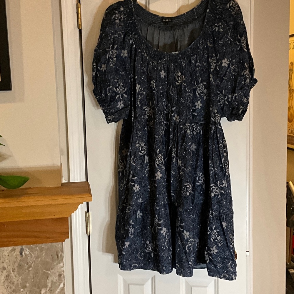 torrid Indigo Denim-Look Smocked Neck Blouse